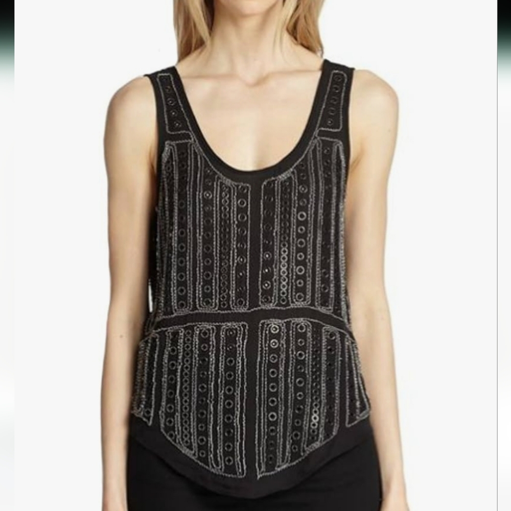 Parker Blair Embellished Black Grommet Beaded Sleeveless Silky Tank Top Blouse S